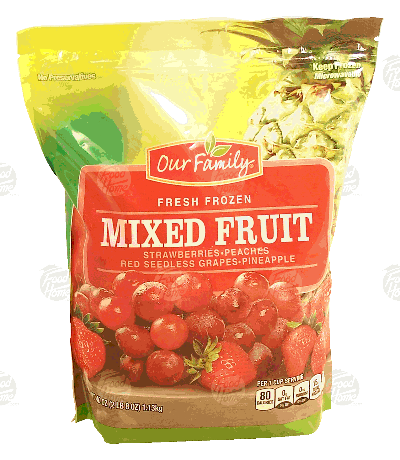 Our Family Fresh Frozen mixed fruit; strawberries, peaches, red seedless grapes, pineapple Full-Size Picture